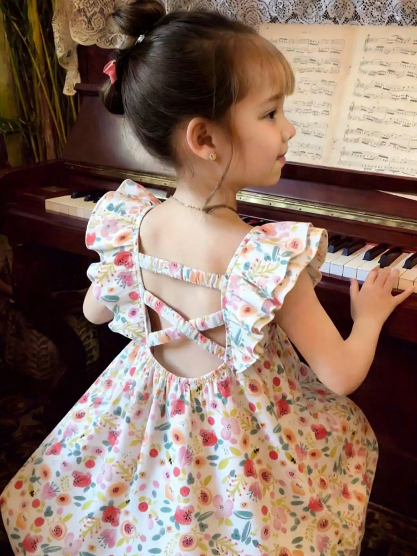 Girls' A-Line Mid-Length Dress with Ruffle Sleeves