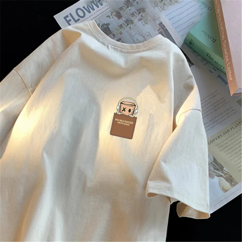 American Style Vintage Fashion Simple Design Print Cotton Men T Shirt Oversized Sports Short Sleeve Round Neck Couple Unisex Top