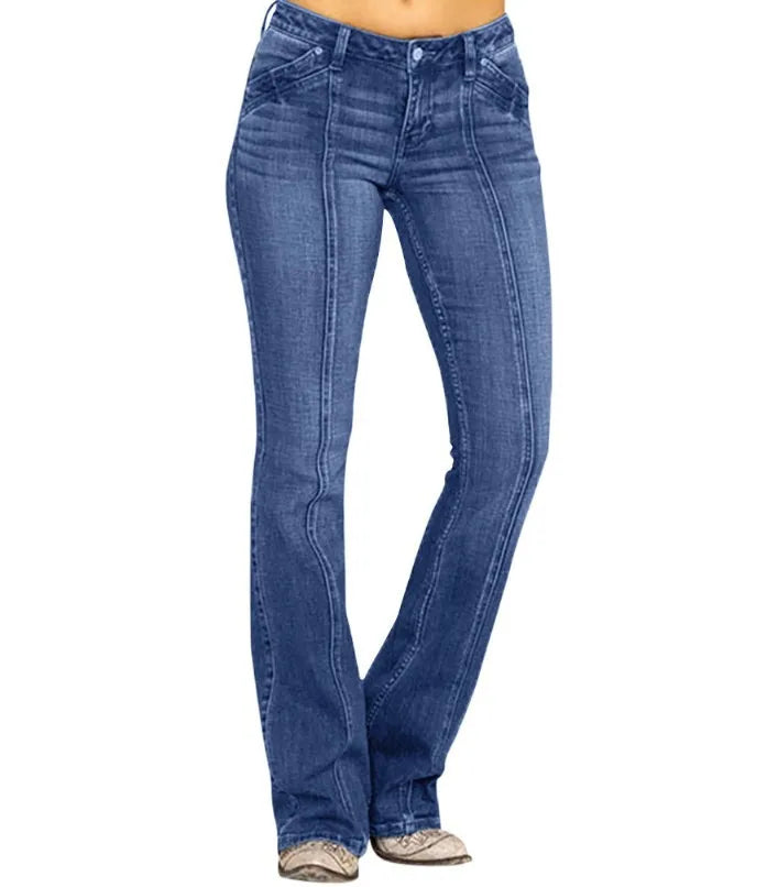 Chic Women's Low Waisted Flared Jeans in Cotton Denim