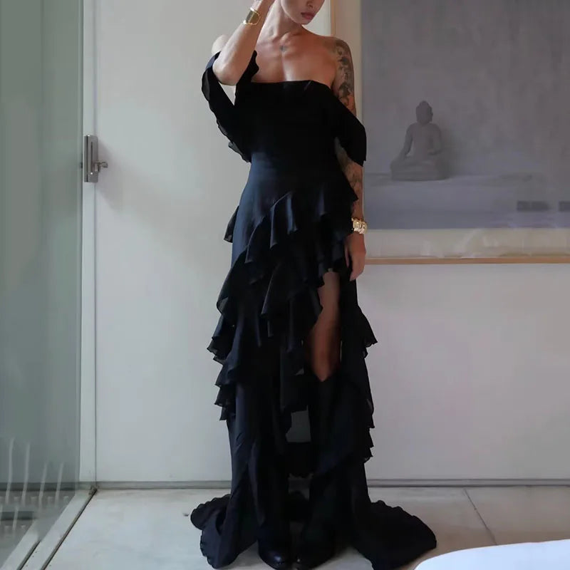 Chiffon Off Shoulder Ruffles Dress for Women in Black/White