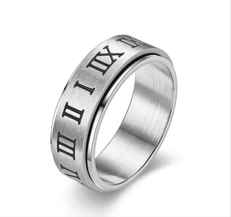 Fashionable men's rotating ring with niche design, stress relieving and anti anxiety casting, Roman numeral rotatable ring