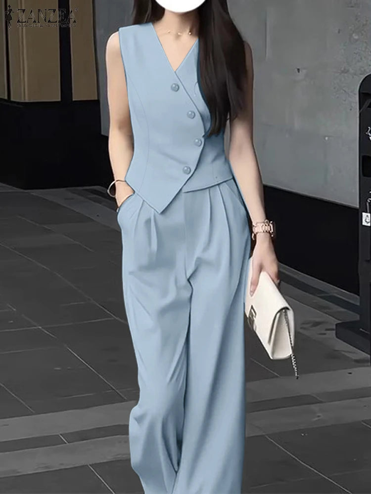 ZANZEA Summer Sleeveless Tops and Wide Leg Trousers Set