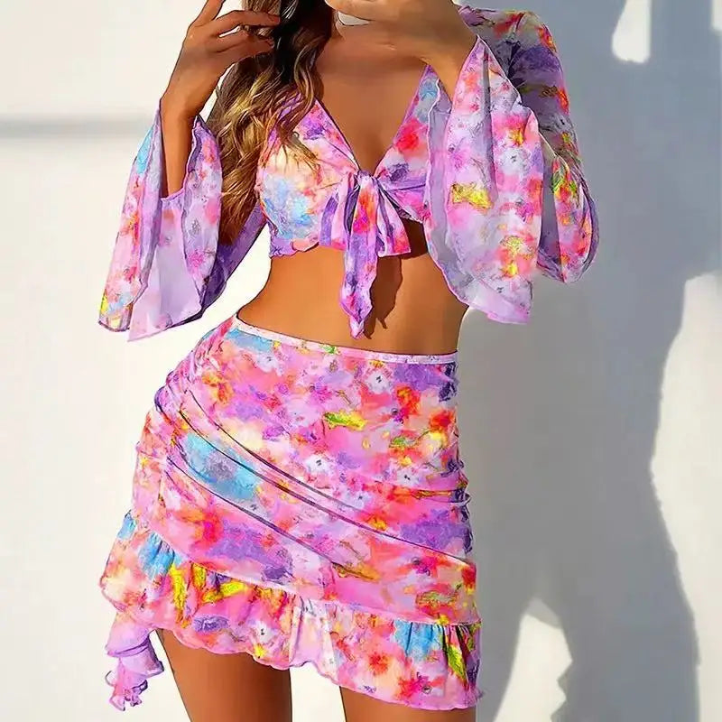 Floral Print Long Sleeve Swimsuit Set for Women