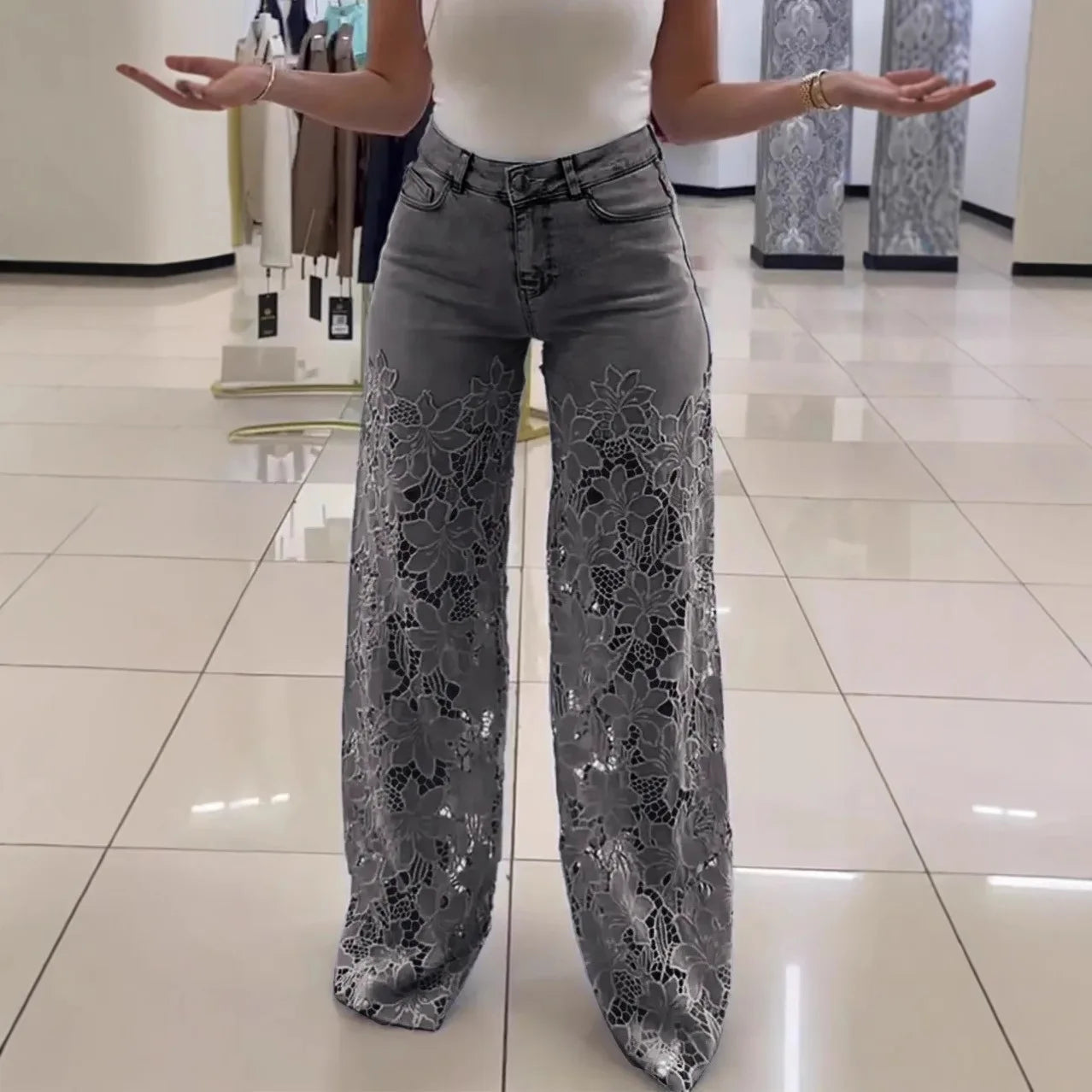 Lace Hollowed Out Wide Leg Jeans for Women in Solid Colors