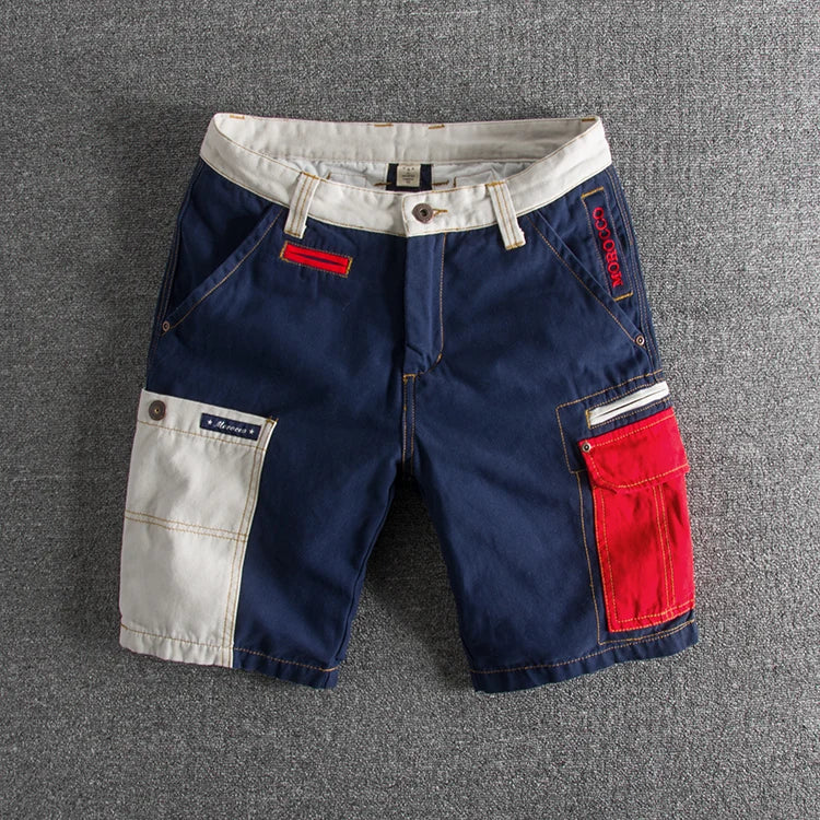 Summer fashion style personality color splicing wash and do old slim men's cargo shorts multi-pocket casual pants