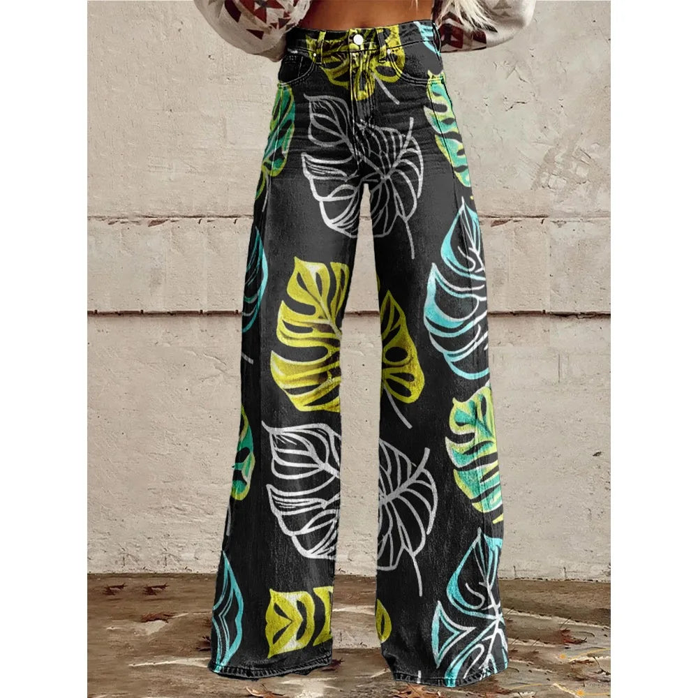 Colorful Tropical Leaf Print Wide Leg Pants for Women