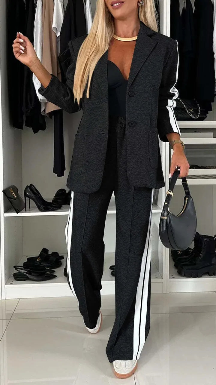 Btsukimi Women's Color Block Blazer and Wide Leg Pants Set