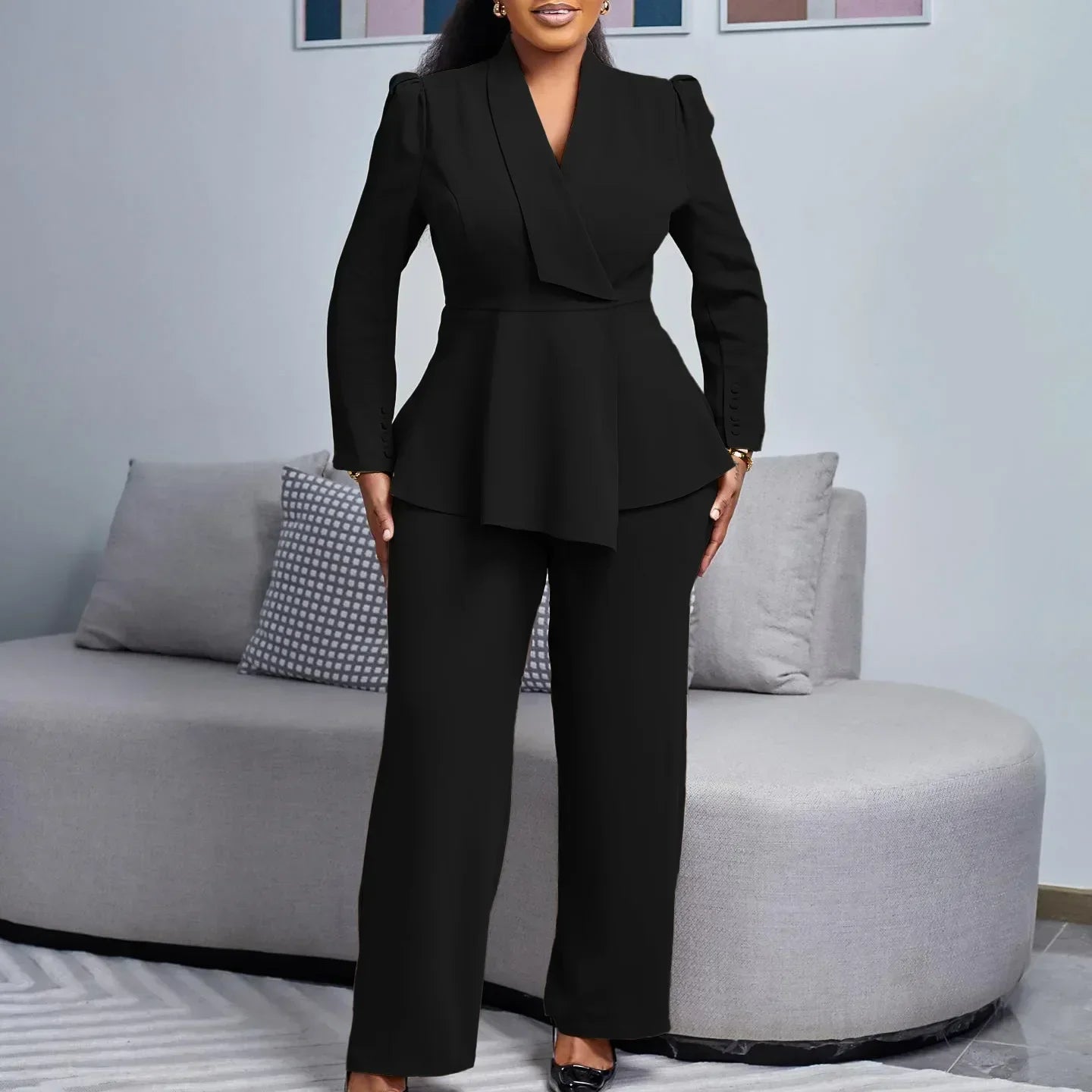 Chic Plus Size Women Blazer Coat and Tailored Pants Set