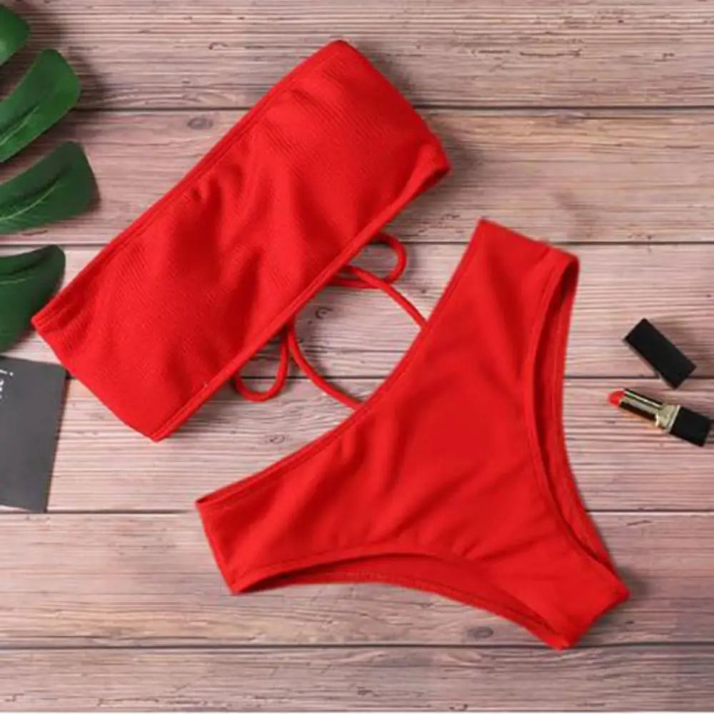 Elegant Solid Color Strapless Bikini Set for Women