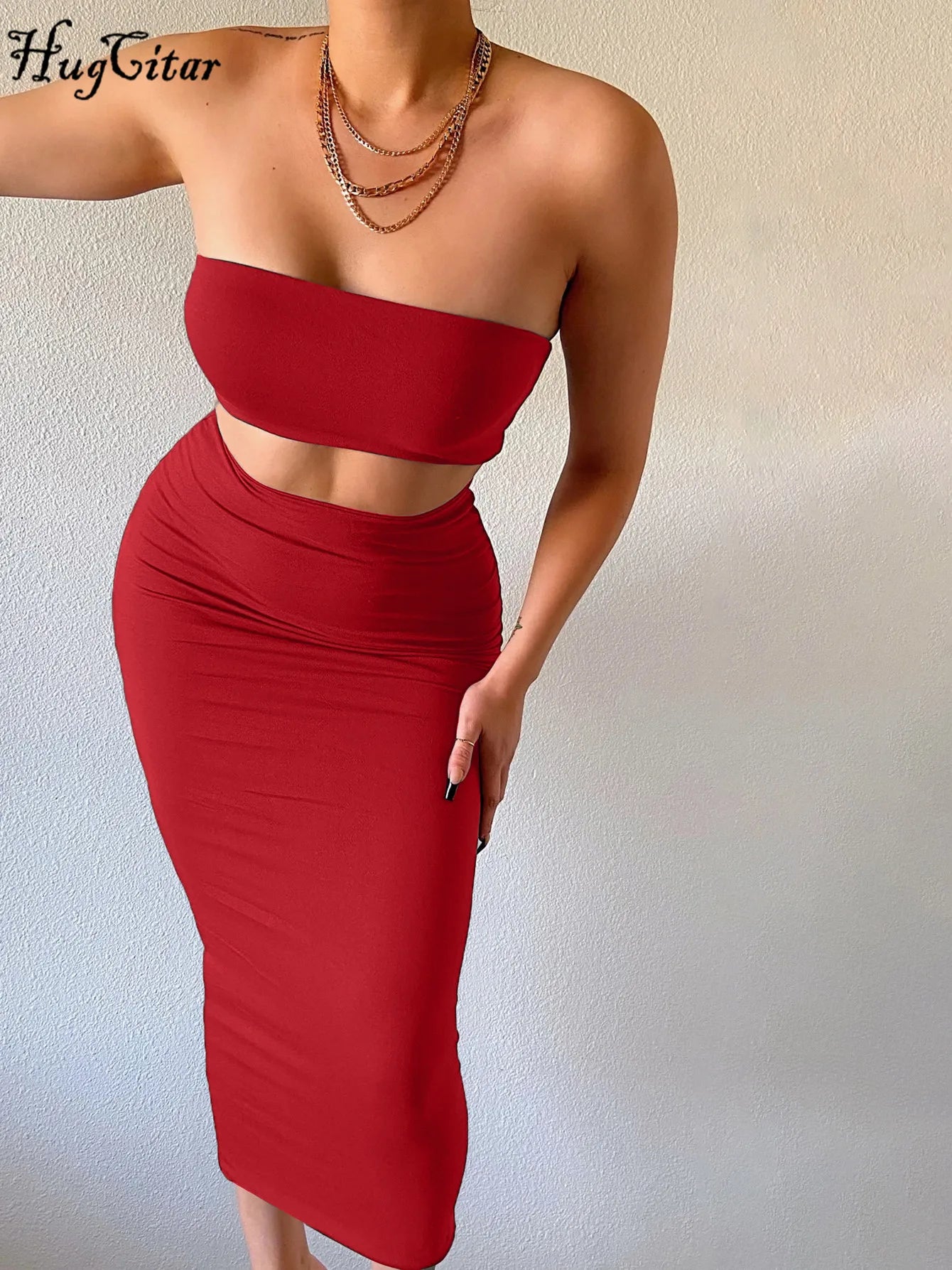 Hugcitar Women Strapless Tube Top Maxi Skirt 2 Piece Set