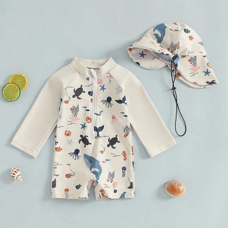 Boys Long Sleeve Marine Animal Print Swimwear with Hat