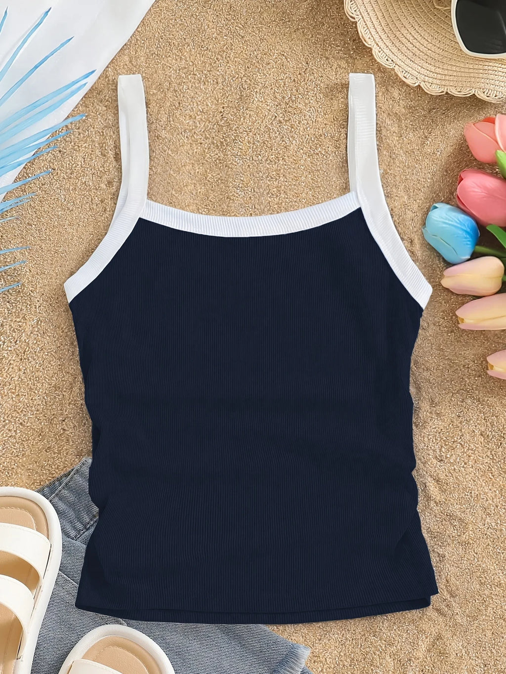 Navy Blue Ribbed Tank Top for Girls Aged 5-13