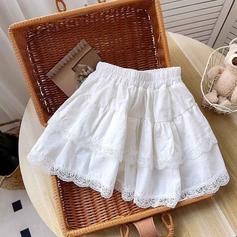 SUMWADI Girls' White Lace Pleated Skirt for Summer 4-6Y