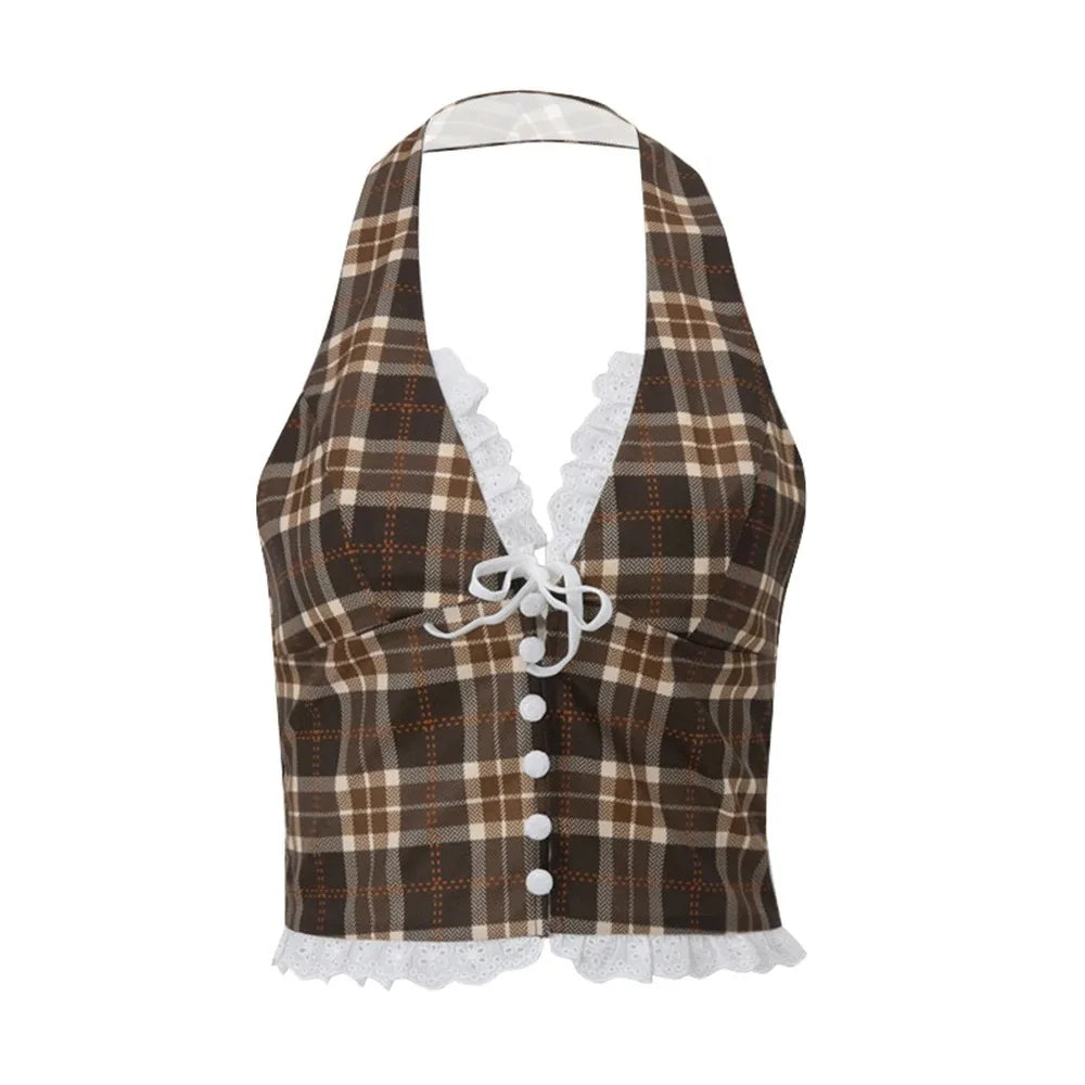 Plaid Print Women's Halterneck Crop Top with Bow Embellishment