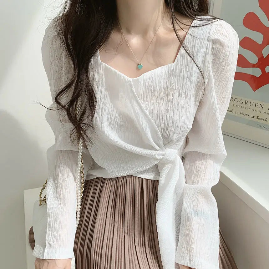 Chic Long Sleeve Korean Style Women's Blouse in Lightweight Chiffon