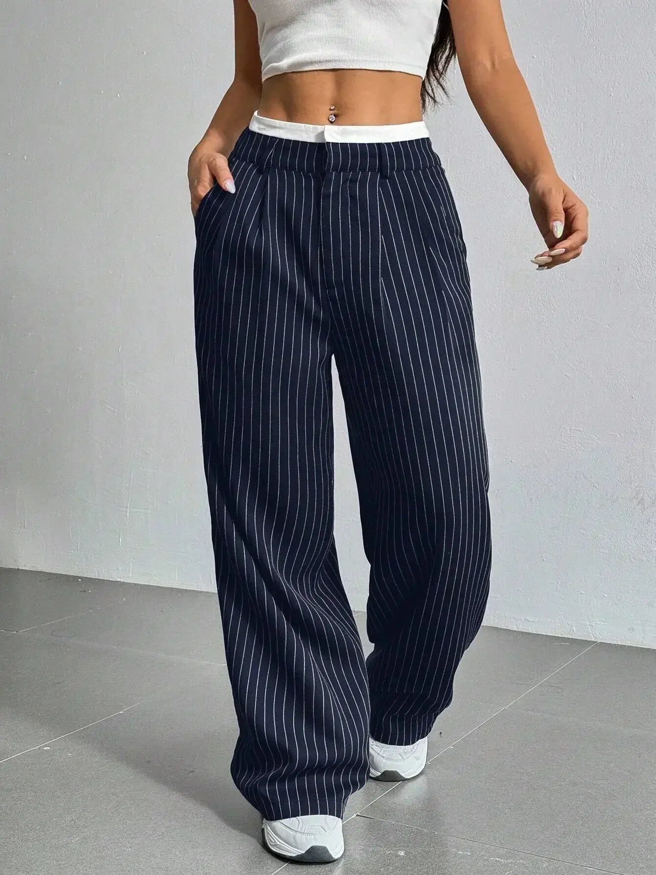 High Waist Striped Wide Leg Pants for Women by mandylandy