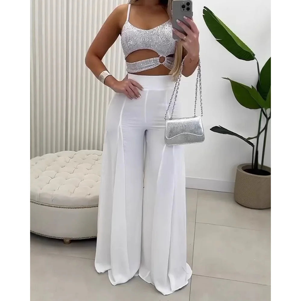 MALEY LifeStyle Women's Casual 2 Piece Outfit with Wide Leg Pants