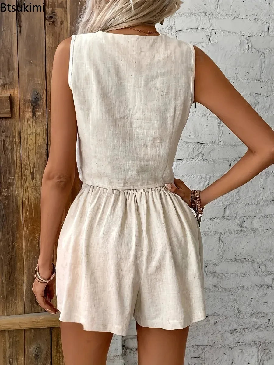 2026 Women's Apricot Cotton Linen Casual Two Piece Set