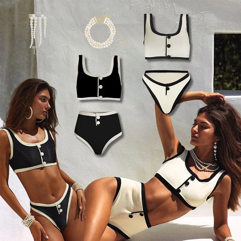 Trendy Retro Black And White High-Waist Bikini Swimwear