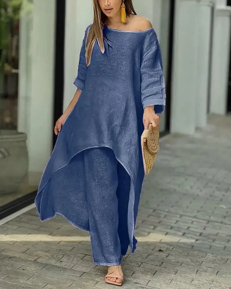 Plus Size Women's Indie Folk Asymmetrical Dress and Pants Set
