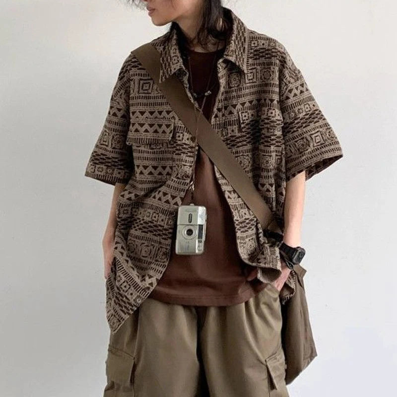 Men Trendy Japanese Style Vintage Print Harajuku Oversize Shirt Summer Casual Streetwear Y2K Short Sleeve Tops Camisas De Hombre