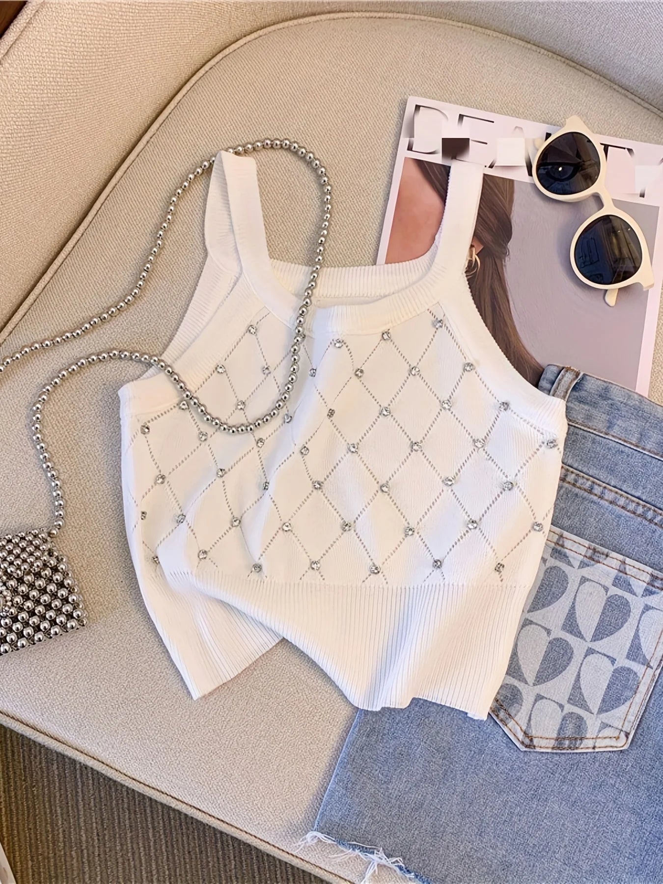Casual Knitted Cami Top with Rhinestones for Women