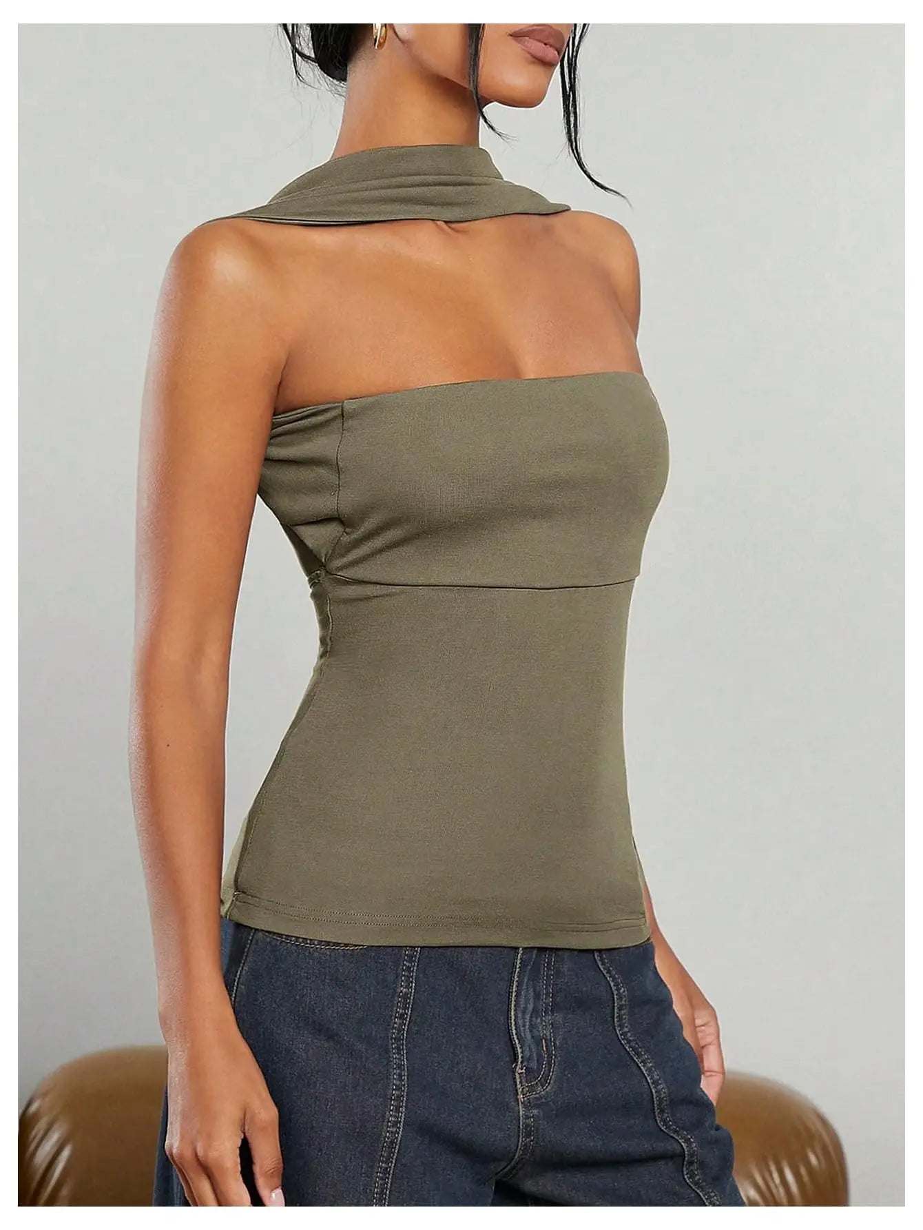 Women Sexy Ruched Strapless Halter Tube Top  Y2k Tanks Satin Silk Choker Neck Backless Tops