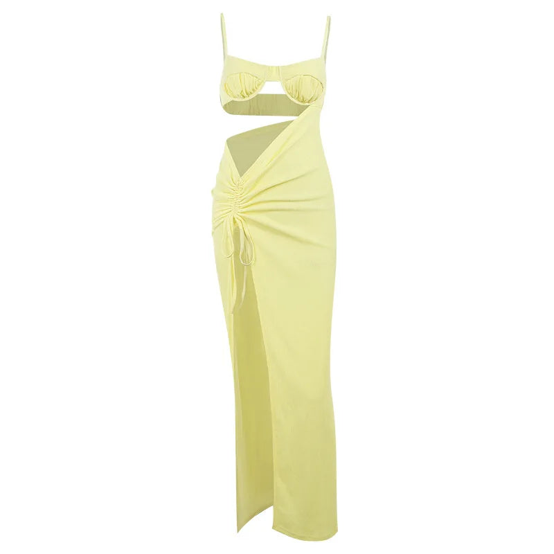 Melphieer Yellow Ruched Asymmetric Beach Dress for Women