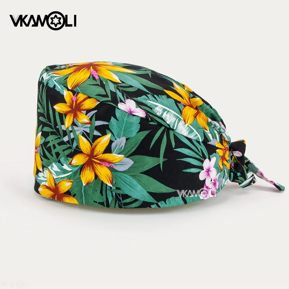 Adjustable Cotton Flower Print Scrub Caps for Women and Men