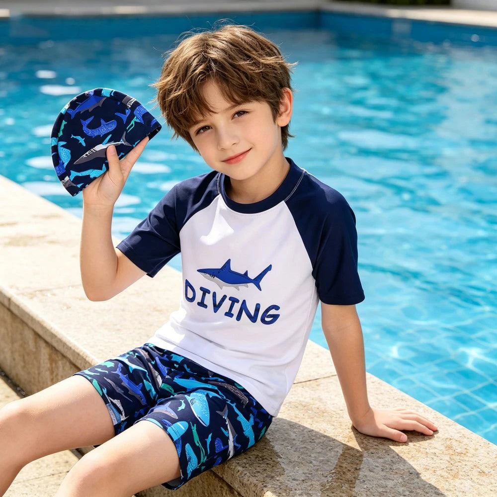 Boys Surf Rash Guard Set with Cap and Shorts for Summer