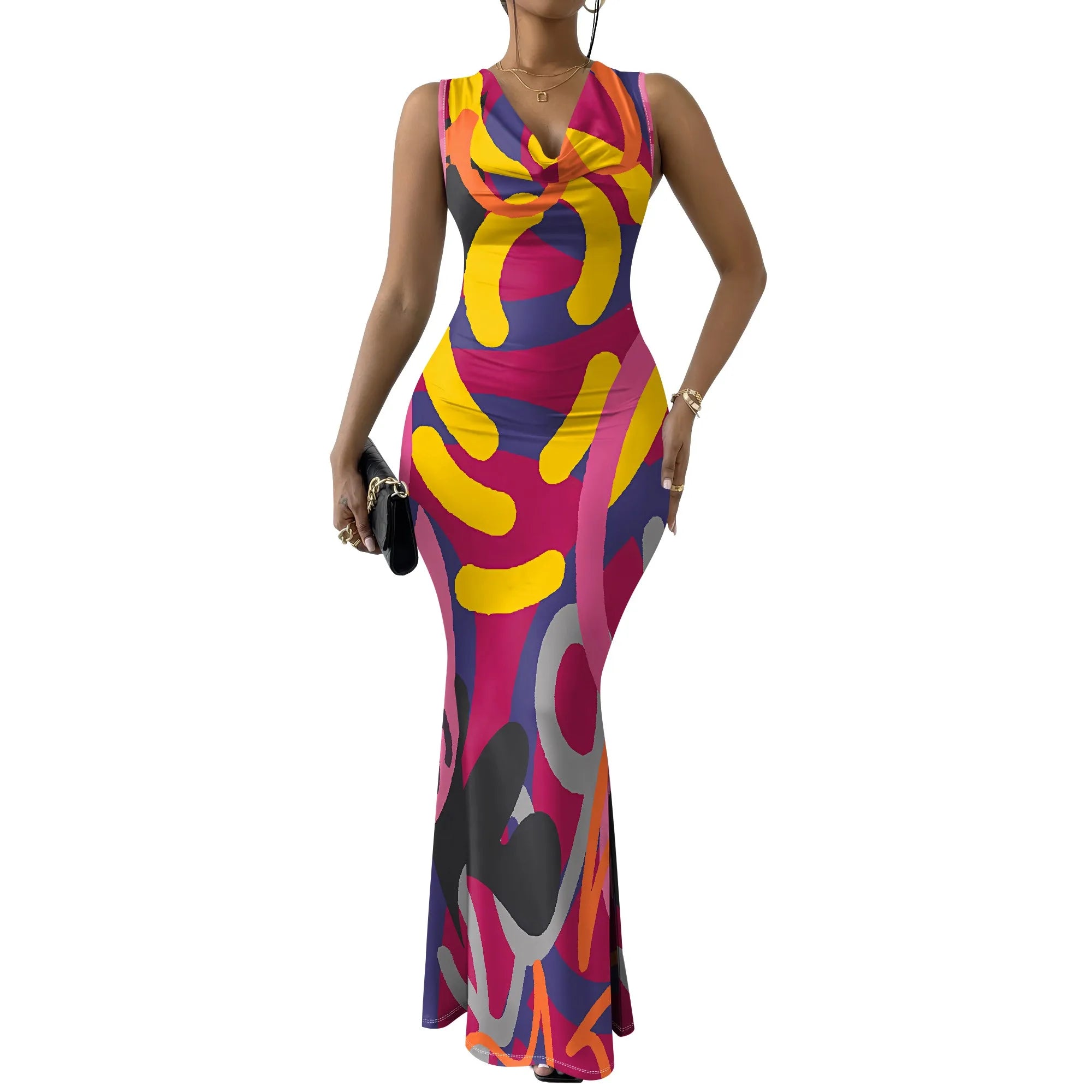 Colorful Geometric Off-Shoulder Maxi Dress for Women