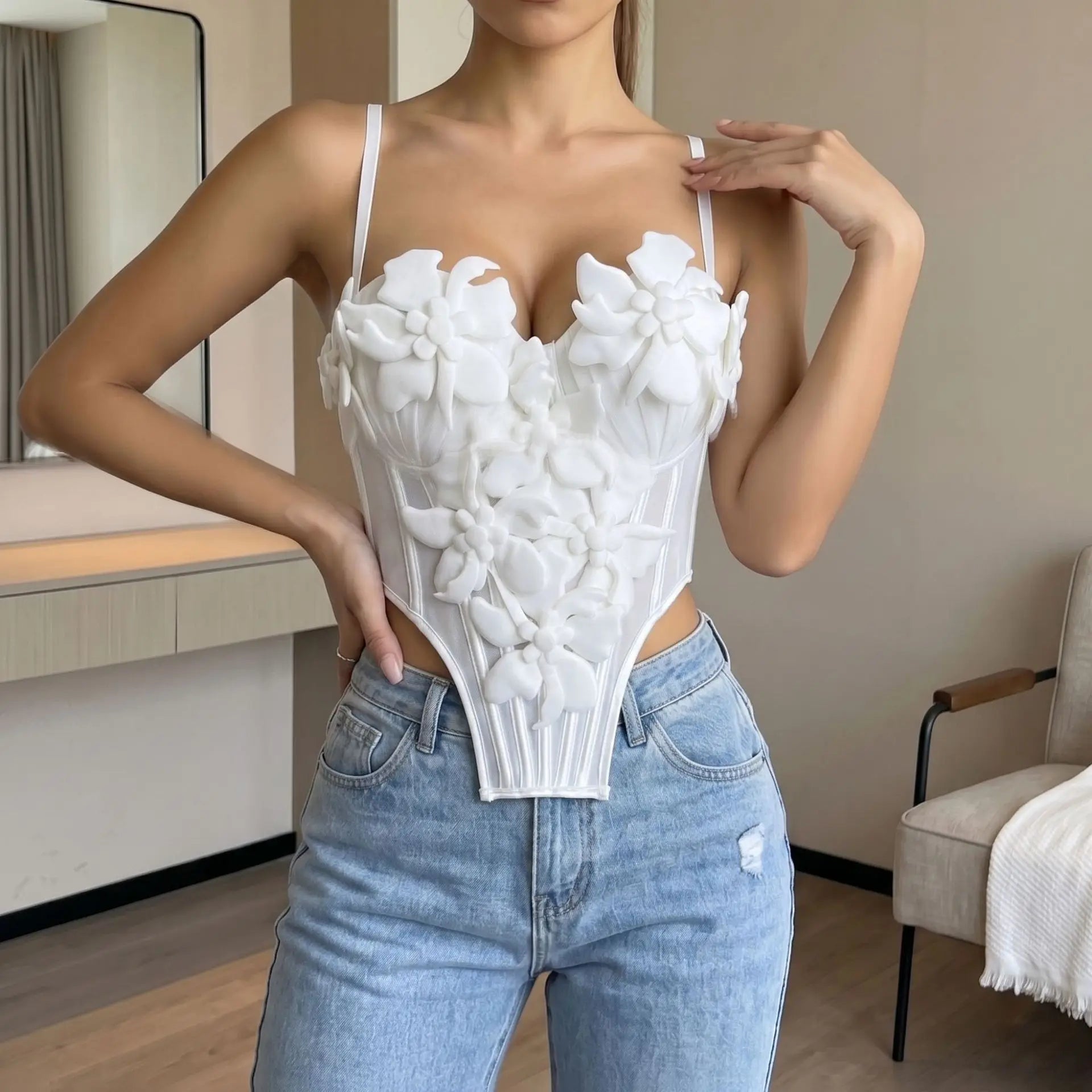 2026 Woman Clothing Top Women T-shirt Tank Top Female Clothes Tops Floral Halter Top See-through Mesh Sexy Fishbone Outerwear