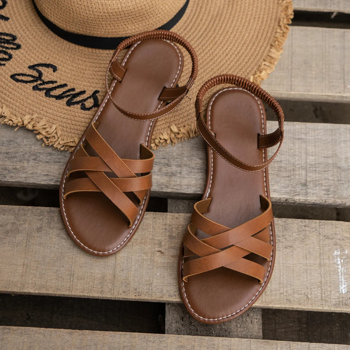 Women’s Flat Roman Strap Sandals with Non Slip Rubber Soles