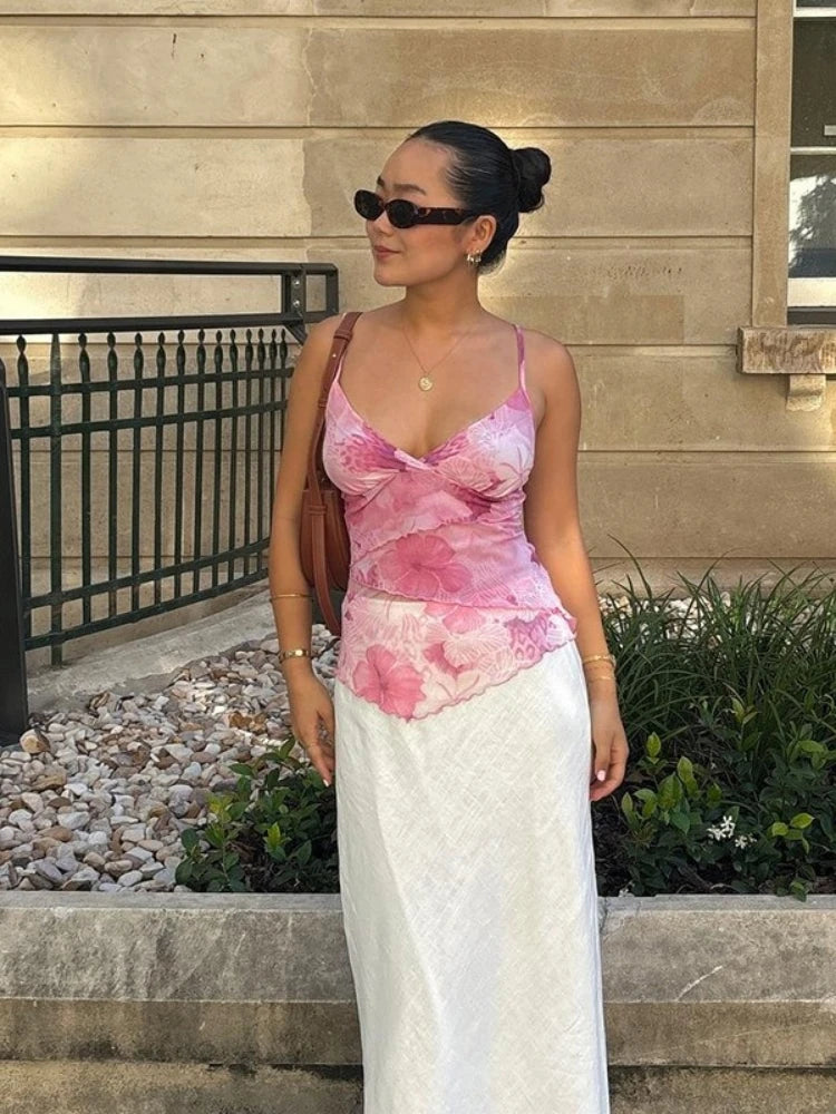 Floral Print Sexy Tops For Women Fashion Edgy Clothes Y2k Accessories Spaghetti Strap Crop Top Chiffon Camison Verano Ropa Mujer