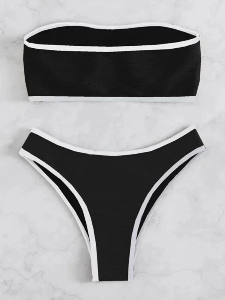 Bandeau Bikini Set in Solid Polyester Elastane for Women