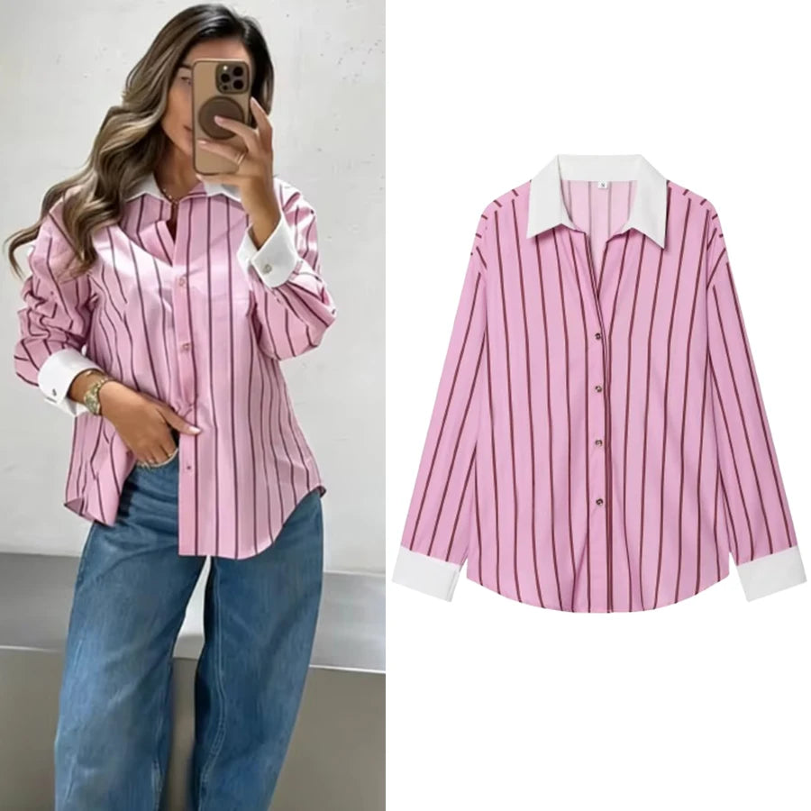 Elegant Women's Color Block Blouse in Durable Polyester