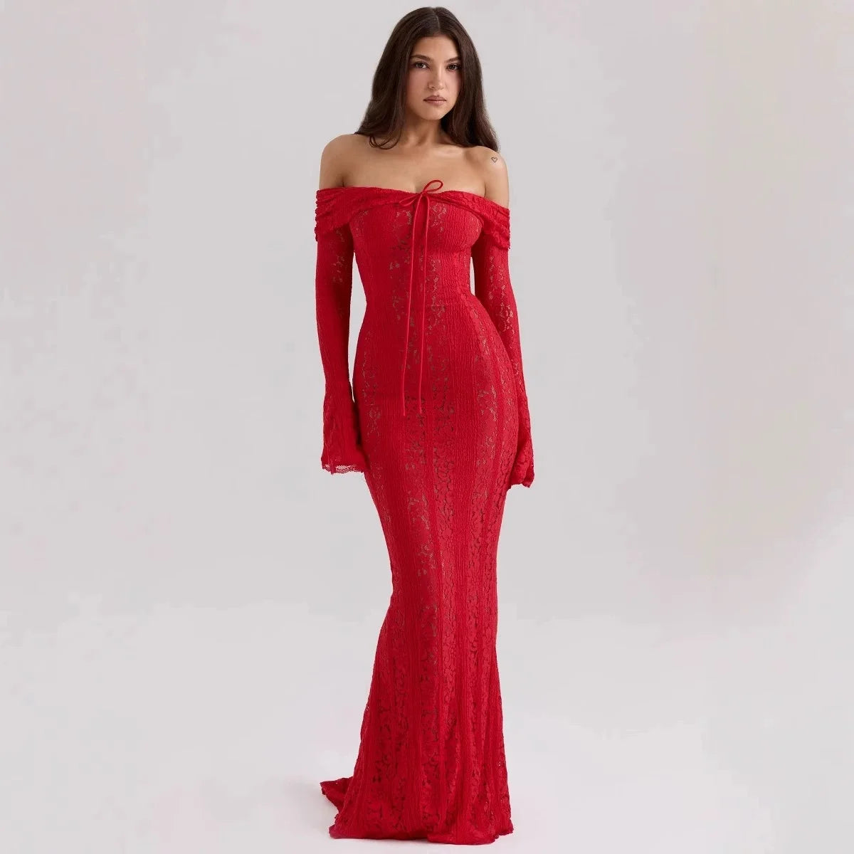 Elegant White Evening Dress with Red Lace Long Sleeves