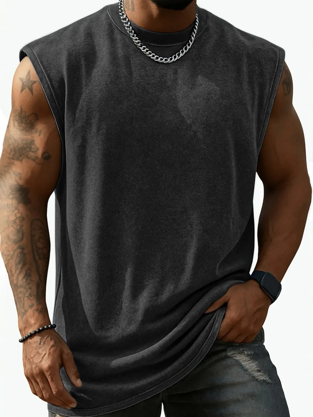 Men Vintage Washed Solid Crew Neck Sleeveless Tank Top Loose Fit Heavy Cotton Casual Fitness Summer Vest