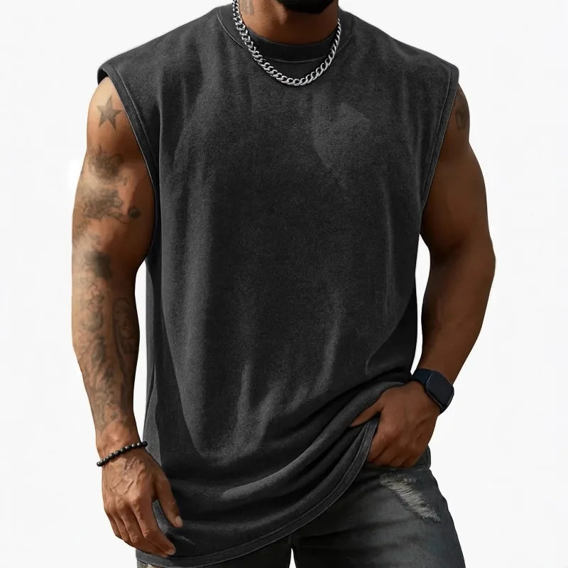 Men Vintage Washed Solid Crew Neck Sleeveless Tank Top Loose Fit Heavy Cotton Casual Fitness Summer Vest