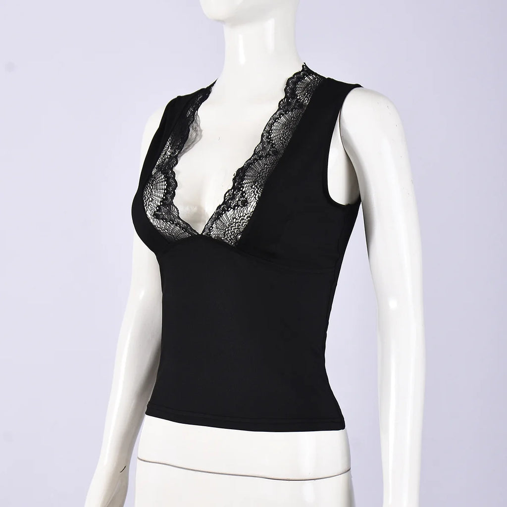 Sexy Lace V Neck Girdling Waist Tank Top Women Sleeveless Bare Midriff Halter Crop Tops Camisole Female Tube Top Cropped Vest