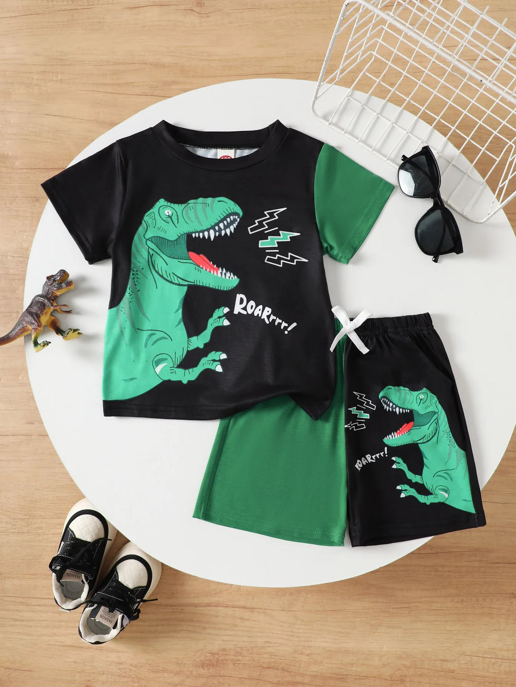 Boys Dinosaur ROAR Print Color Block Summer Outfit Set