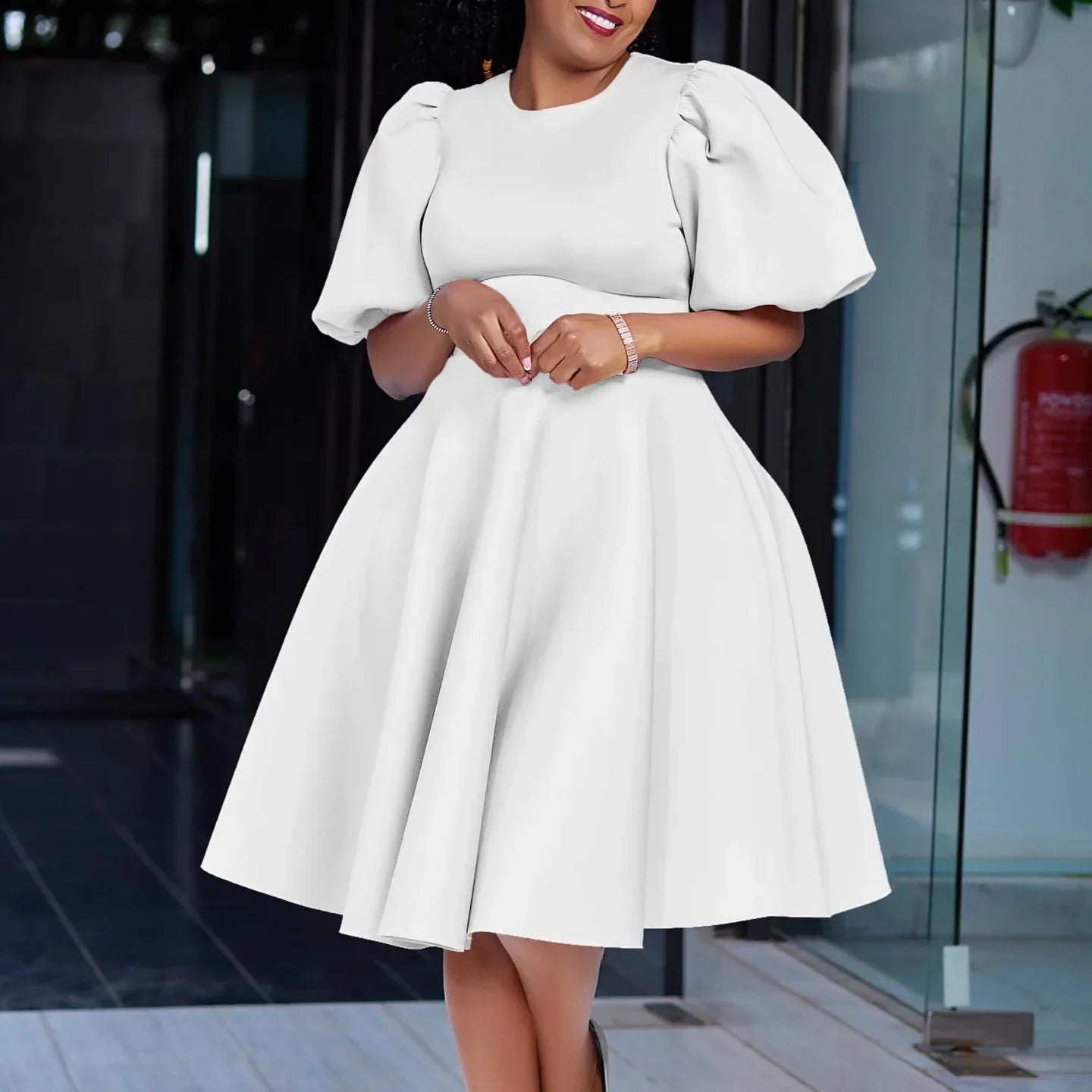Luxury Polyester A-Line Dress with O Neck for Women