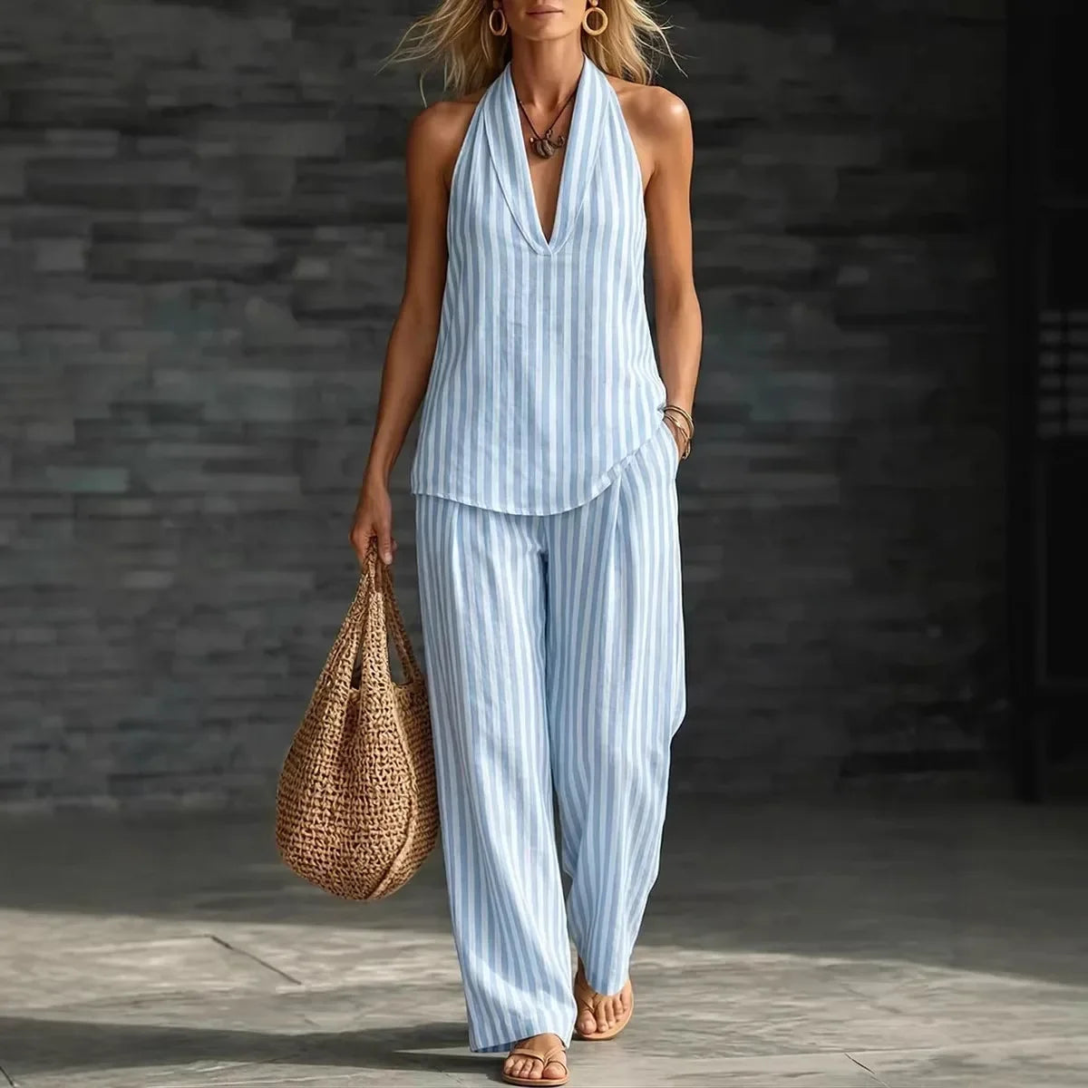 Chic Striped Wide-Leg Pants and Halter Top Set for Women
