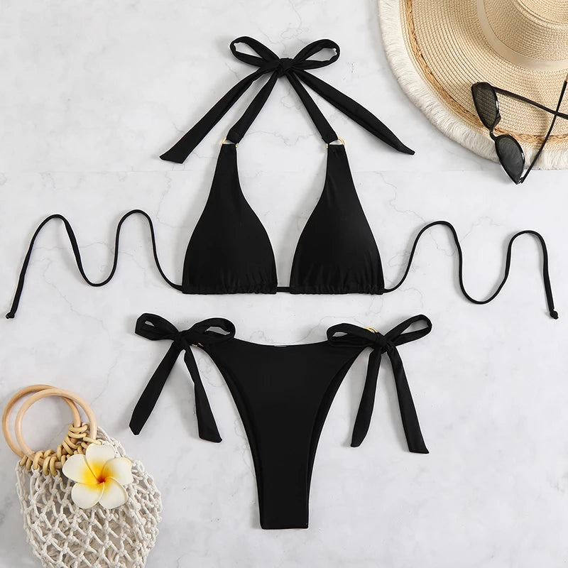 Nylon Beach Style Halter Neck Bikini Set for Women