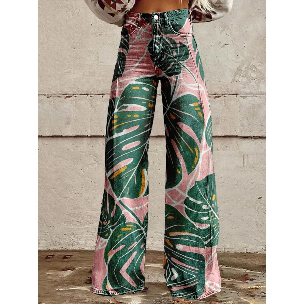 Colorful Tropical Leaf Print Wide Leg Pants for Women