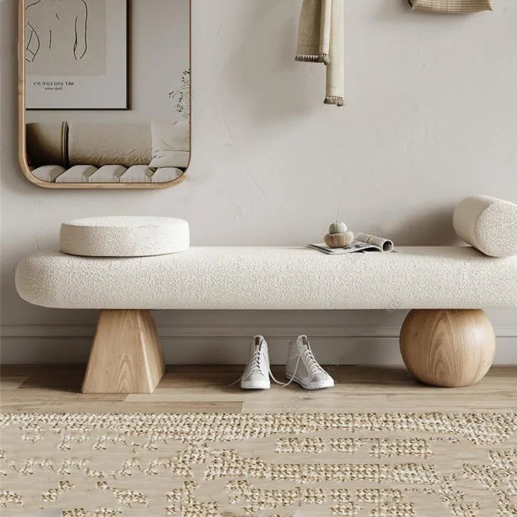 Modern White Cream Lounge Bench with Teddy Boucle Fabric