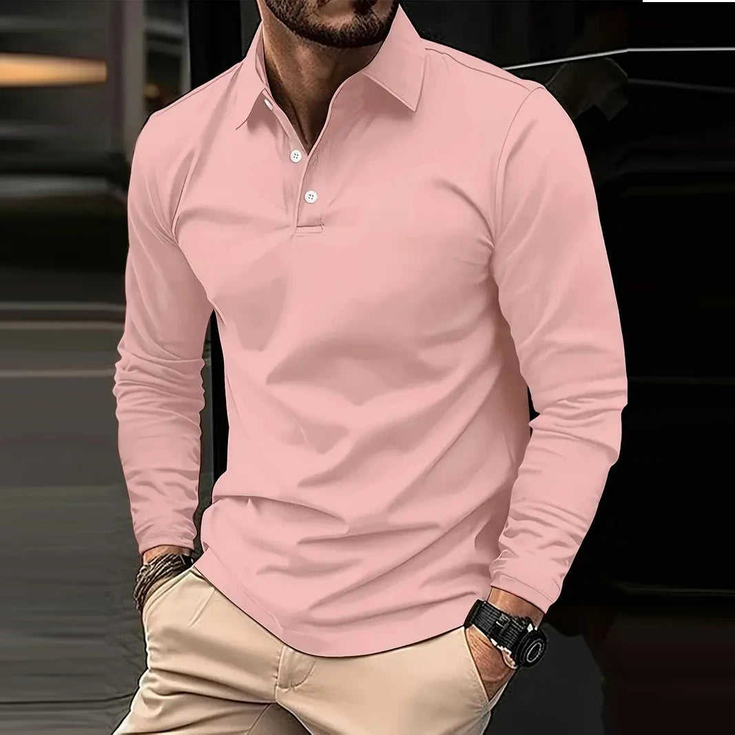 2024 Autumn Men's Polo Shirts Turn-Down Collar Solid Long Sleeve Smart Casual Polos Man Fashion Breathable Loose Tees Tops Men
