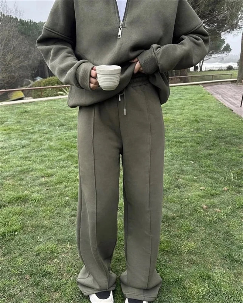 Solid Color Pullover Sweatshirt and Trousers Set for Women