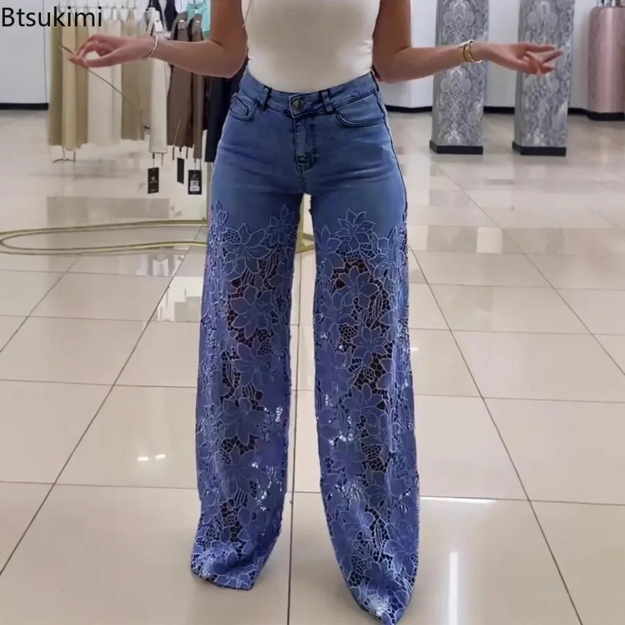 Lace Hollowed Out Wide Leg Jeans for Women in Solid Colors