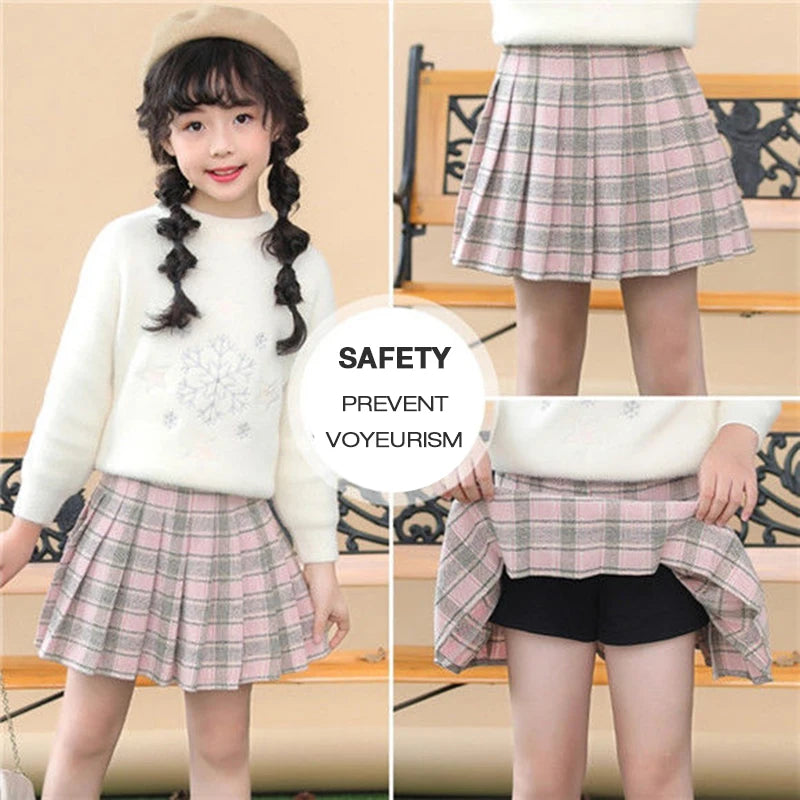 Vintage Plaid Pleated Skirt for Girls Ages 7-13